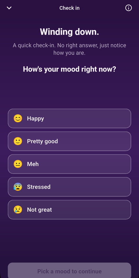 The MoodFire check-in screen asking how your mood is right now, with Happy, Pretty good, Meh, Stressed and Not great options.