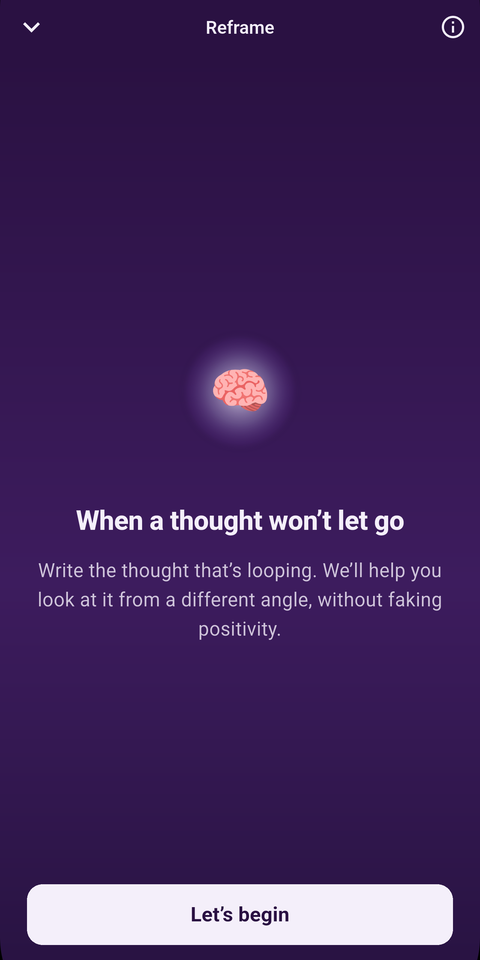 The MoodFire Reframe screen: 'When a thought won't let go', inviting you to write down the thought that's looping.