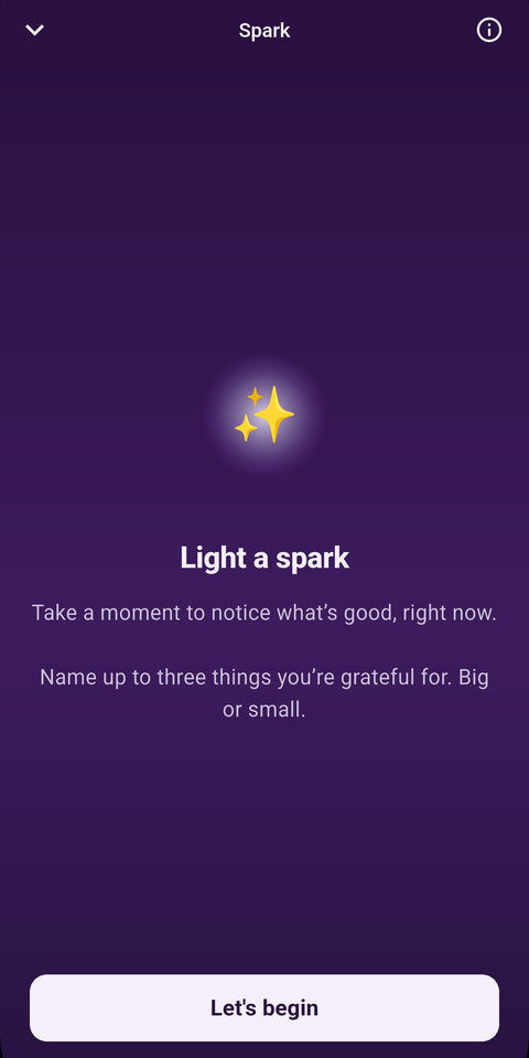 The MoodFire Spark screen showing the daily positive-focus prompt.