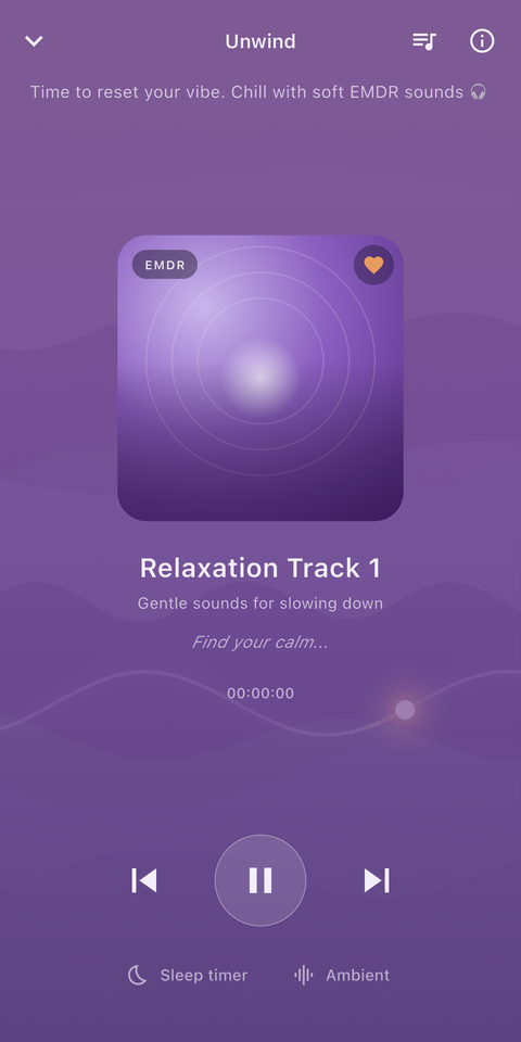 The MoodFire Unwind player showing an EMDR relaxation track with playback controls, a sleep timer and ambient sound.