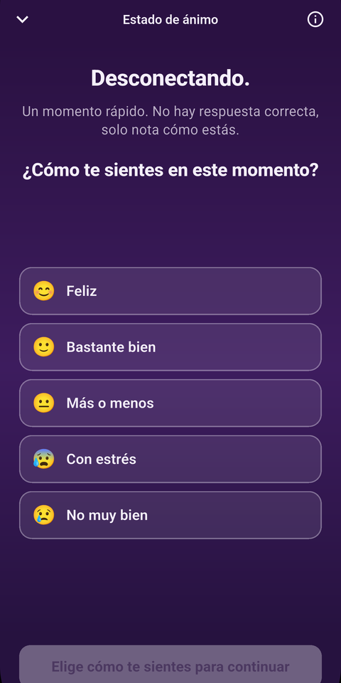 La pantalla Estado de ánimo de MoodFire preguntando cómo te sientes ahora mismo, con las opciones Feliz, Bastante bien, Más o menos, Con estrés y No muy bien.