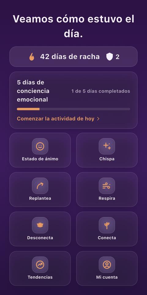 La pantalla de inicio de MoodFire en un celular: una racha de 42 días, un plan de cinco días para observar tu ánimo y las seis herramientas — Estado de ánimo, Chispa, Replantea, Respira, Desconecta y Conecta — sobre un fondo color ciruela intenso.