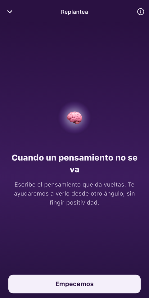 La pantalla Replantea de MoodFire: «Cuando un pensamiento no se va», invitándote a escribir el pensamiento que da vueltas.