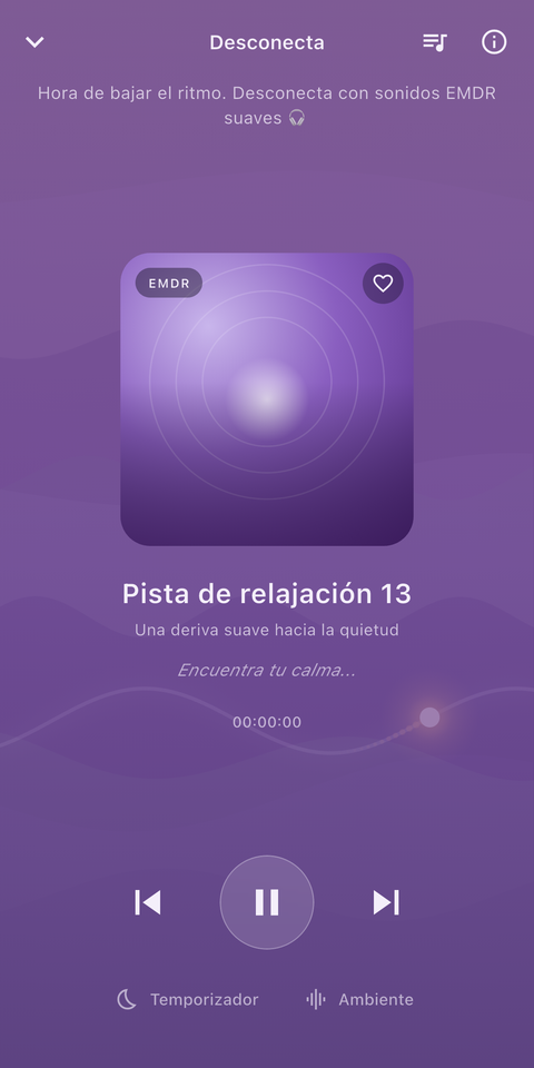 El reproductor Desconecta de MoodFire con una pista de relajación EMDR, controles de reproducción, temporizador de sueño y sonido ambiente.