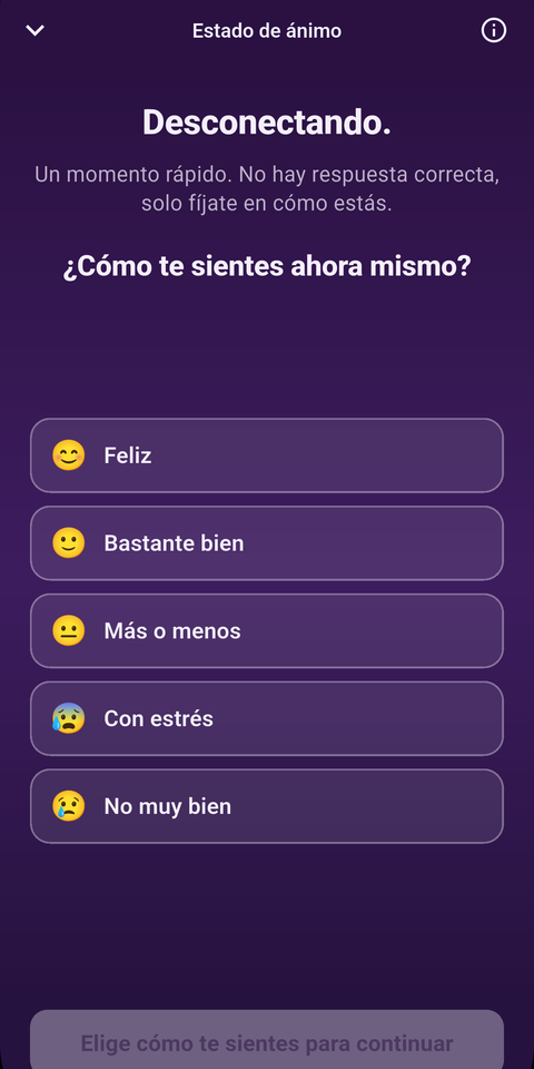 La pantalla Estado de ánimo de MoodFire preguntando cómo te sientes ahora mismo, con las opciones Feliz, Bastante bien, Más o menos, Con estrés y No muy bien.