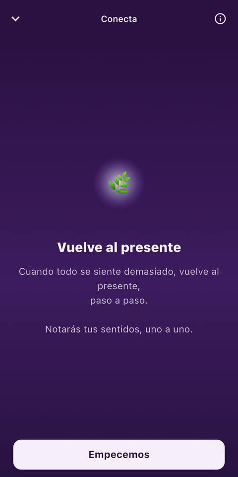 La pantalla Conecta de MoodFire guiando la técnica sensorial 5-4-3-2-1 para volver al presente.