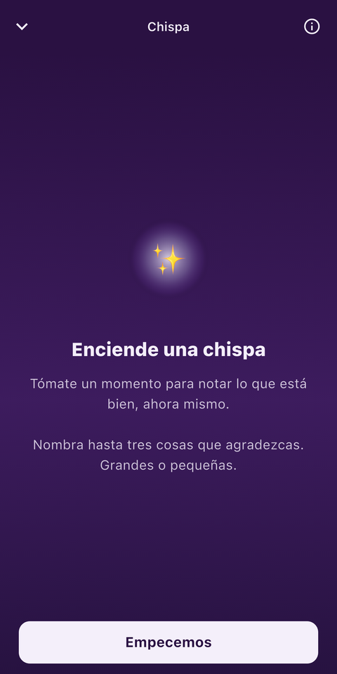 La pantalla Chispa de MoodFire con la propuesta diaria para fijarte en lo bueno.