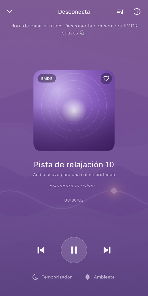 El reproductor Desconecta de MoodFire con una pista de relajación EMDR, controles de reproducción, temporizador de sueño y sonido ambiente.