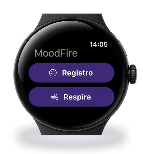 Pantalla de inicio de MoodFire en un reloj con Wear OS, con los botones Registro y Respira