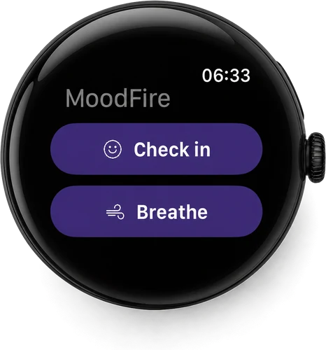 MoodFire home screen on a Wear OS watch with Check in and Breathe buttons
